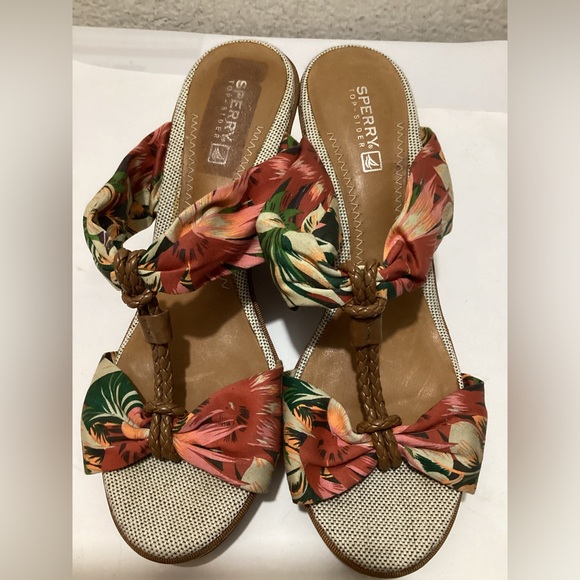 Sperry Top Sider Sandal Size 8.5M Tropical Print  Cork Wedge Slip On - Picture 2 of 9